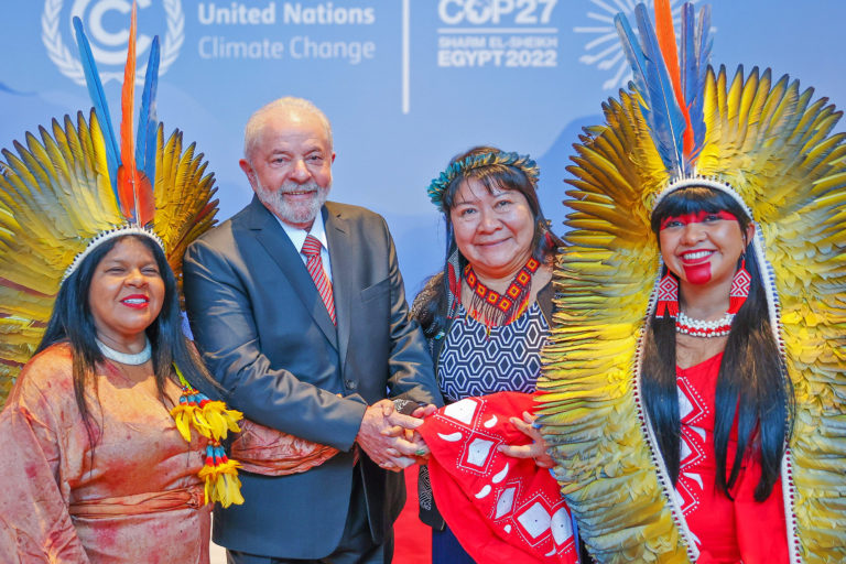 Brazil’s president Luiz Inácio Lula da Silva with Indigenous people.