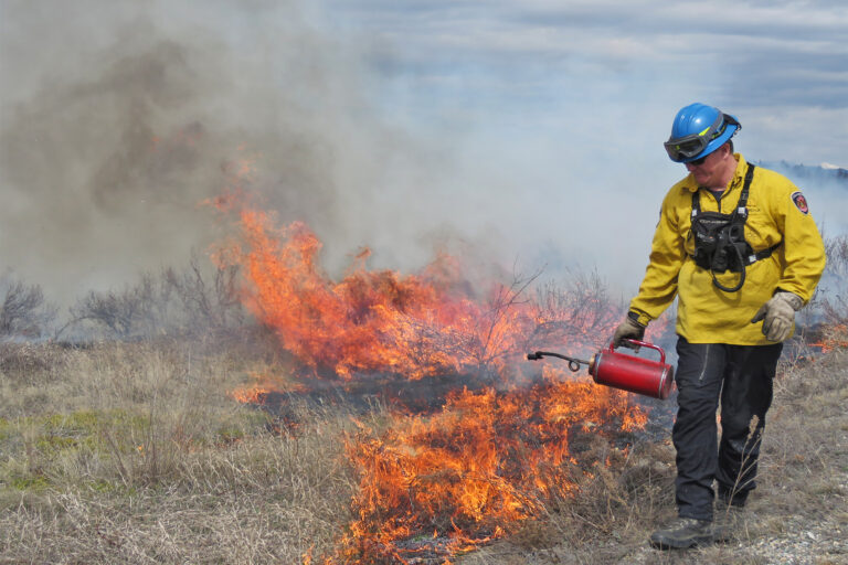 BC wildfire service crew and partners conduct a prescribed burn in southeastern British Columbia in April 2024.