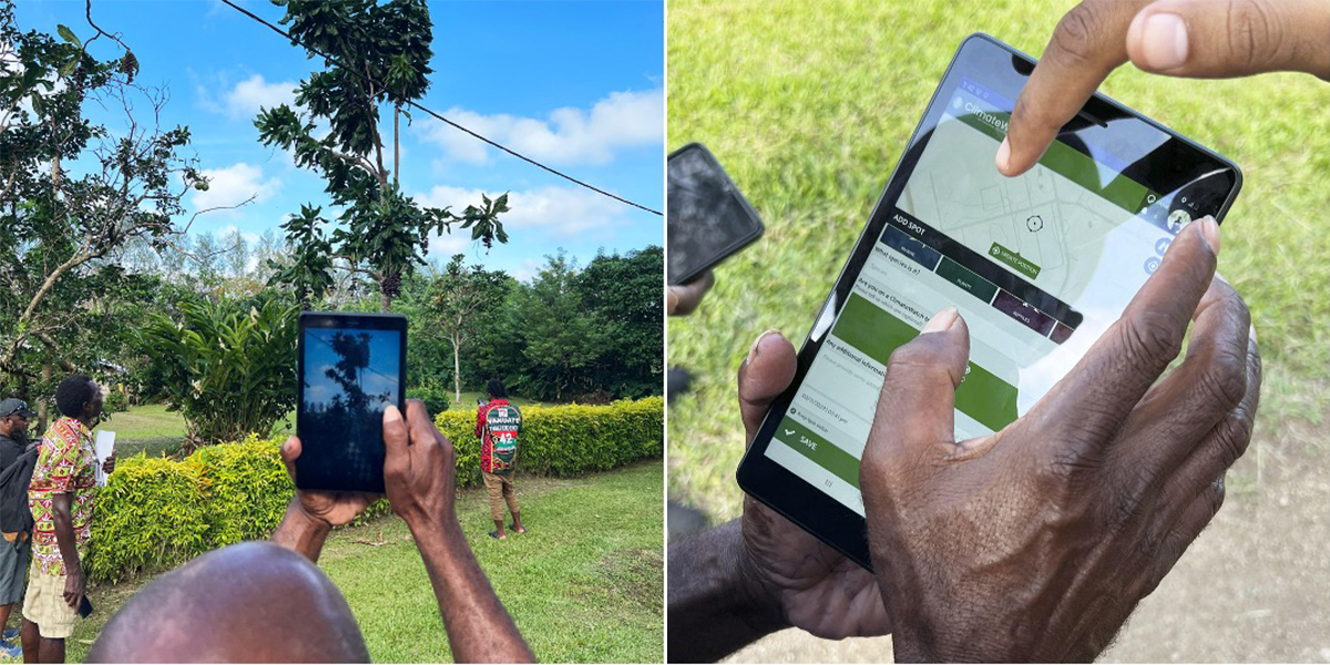 Ni-Vanuatu community representatives capture traditional knowledge indicators using the ClimateWatch App as part of the VanKIRAP citizen science initiative. Image by VanKIRAP Project/SPREP.