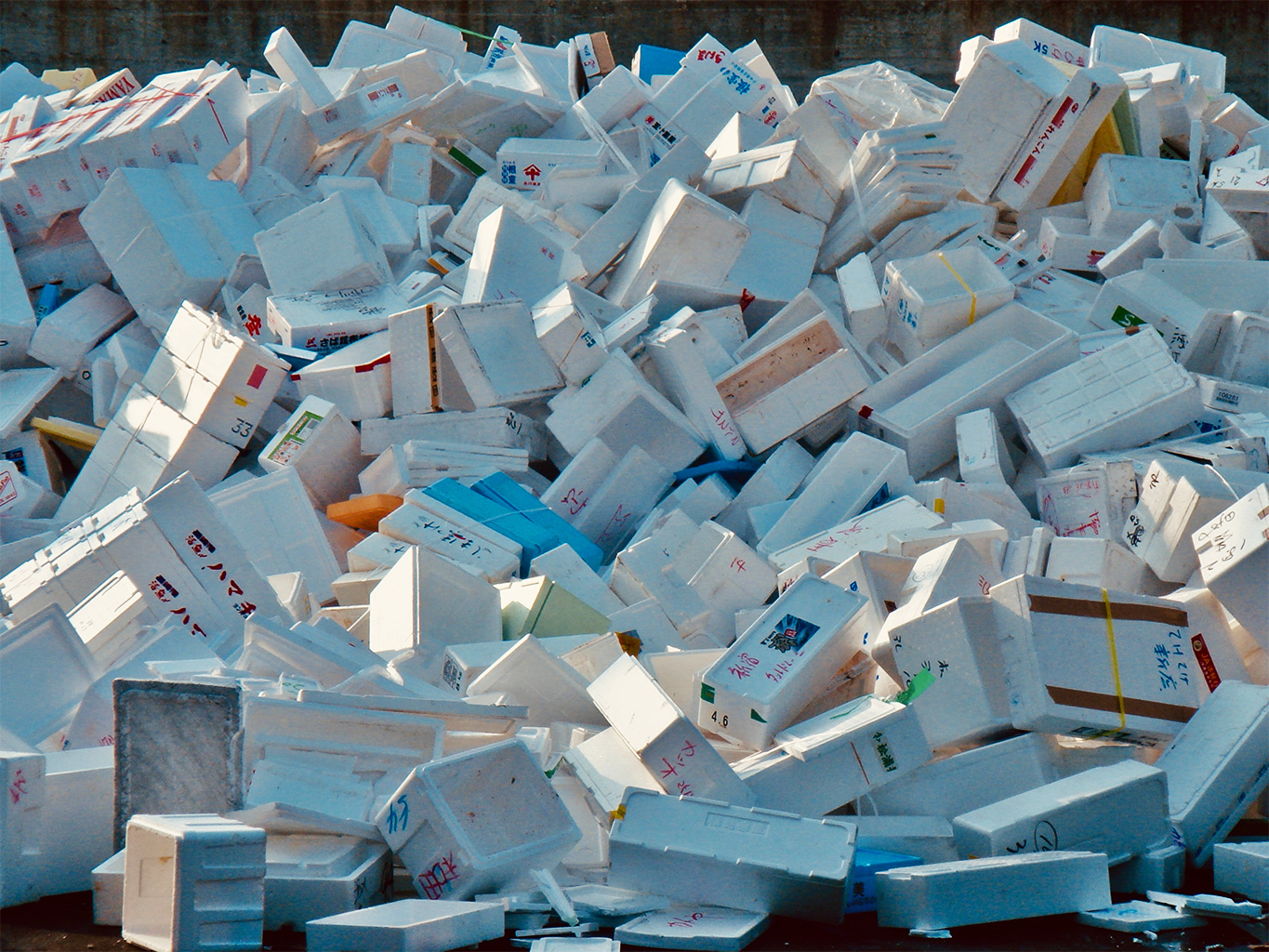 Polystyrene waste piles up outside a fish market in Tokyo.