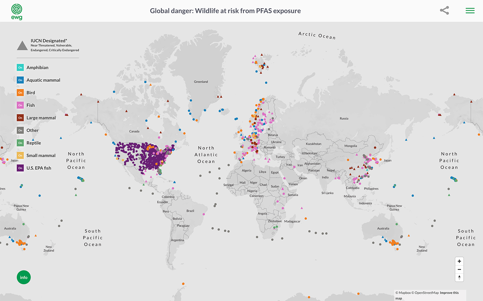 A map pinpoints wildlife PFAS exposures worldwide. 