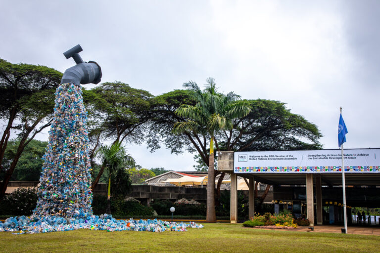 An art installation by Saype portraying plastic pollution.