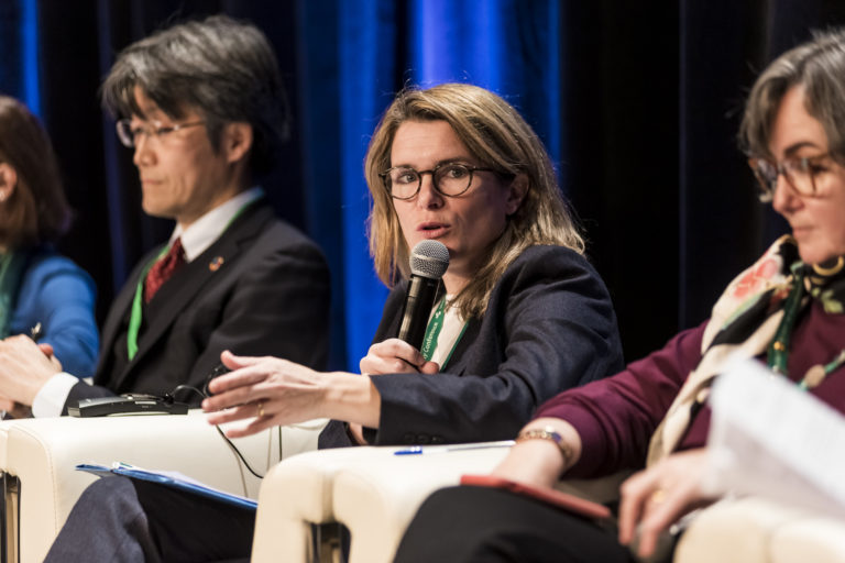 Catherine Remy, VP of Total Energies, a large French energy and petroleum company, speaking at the Embedding Biodiversity in Business session at COP15. Image by UN biodiversity via Flickr (CC BY-NC-ND 2.0).