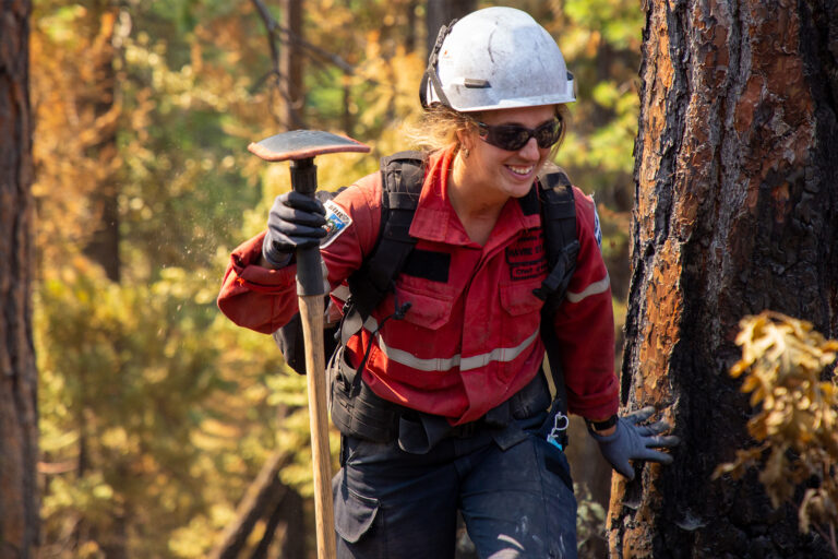 A member of a Quebequois fire crew assisting on a fire in the Plumas National Forest in northern California in 2020.