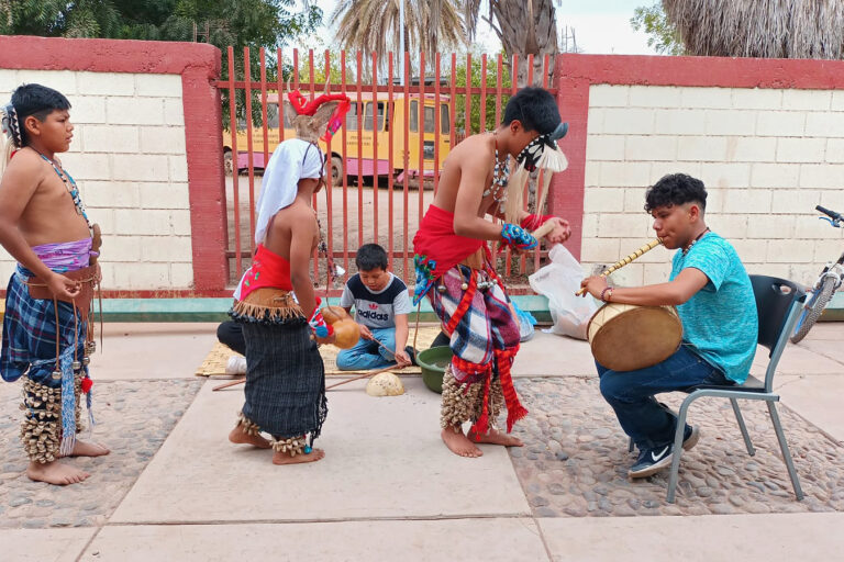 Young traditional dancers wearing ténabari around their ankles perform the danza del pascola y venado (the dance of the pascolas and the deer).