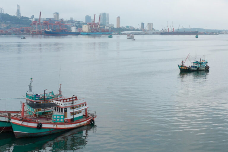 Trawlers docked outside Sihanoukville. Screenshot from ‘Illegal fishing and land grabs push Cambodian coastal communities to the brink’ by Andy Ball / Mongabay.