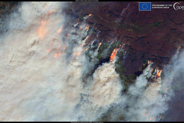 Satellite image of wildfires in Quebec, Canada, in June, 2023.