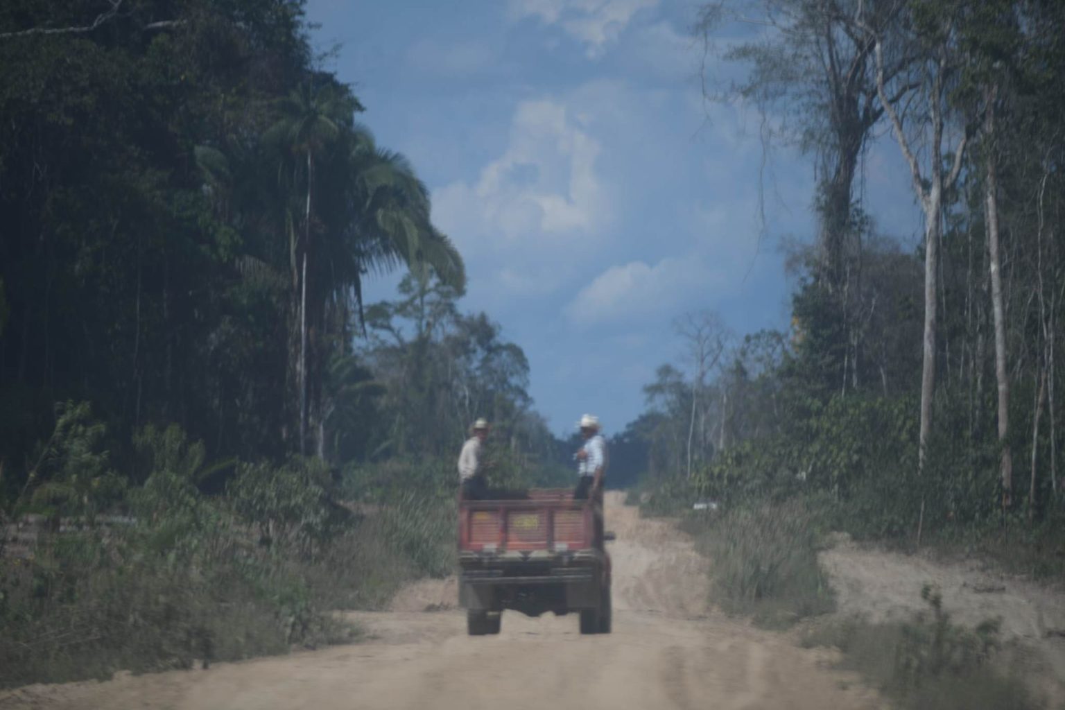 Members of the Mennonite colony near Tiruntán block reporters' access to a road hewn recently through the rainforest. Image by Hugo Alejos.