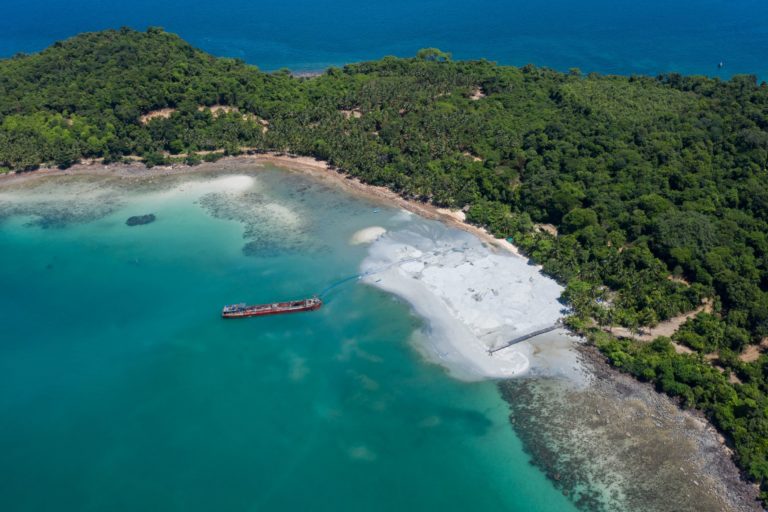 The developers on Koh Toteung smothered the island's corals in sand while creating an artificial beach in June 2022.