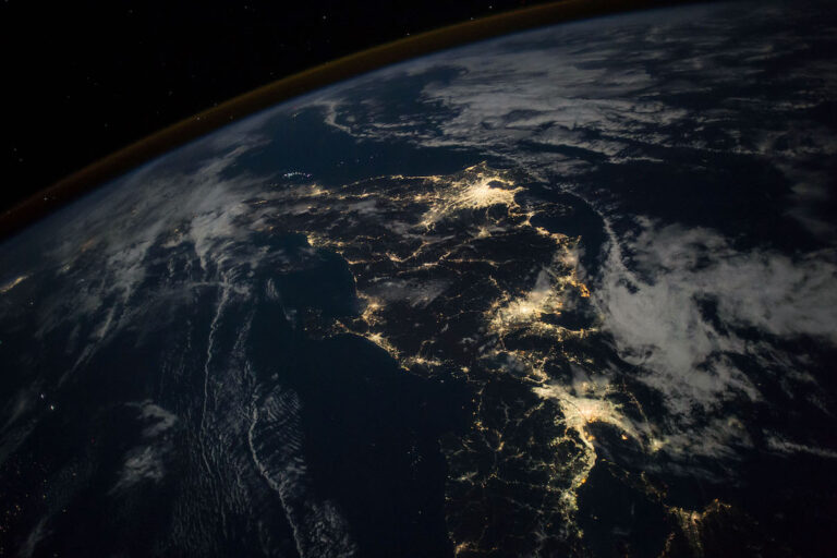 Earth from the International Space Station, showing nighttime lights over Japan on November 6, 2017. The lights are concentrated around three of the country’s major cities: Tokyo (top), Nagoya (middle), and Osaka (bottom). Image courtesy of NASA.