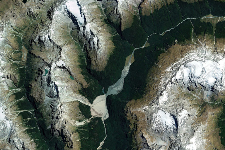 Satellite image of Mount Aspiring National Park, New Zealand in February 2021. Photo credit: Maxar Technologies and Planet.