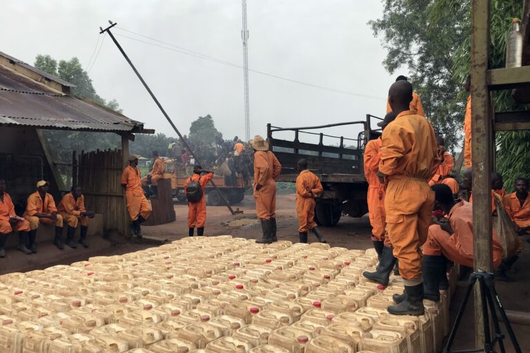 Image de banniere : Travailleurs de PHC avec des gallons de pesticides dans la plantation de Yaligimba. Image © Luciana Téllez/Human Rights Watch