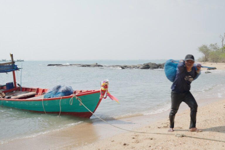 Keo Vannob returns from fishing to his home in Botum Sakor National Park. Screenshot from ‘Illegal fishing and land grabs push Cambodian coastal communities to the brink’ by Andy Ball / Mongabay.