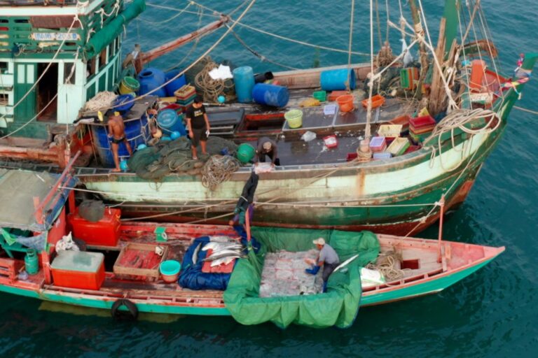 An anchored trawler offloads its catch to a smaller boat within the Koh Rong Marine National Park. Screenshot from ‘Illegal fishing and land grabs push Cambodian coastal communities to the brink’ by Andy Ball / Mongabay.