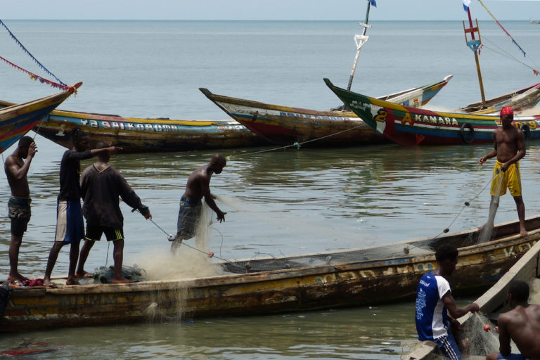 Fishermen arrange their gear in Tombo. Many local artisanal fishermen supported the recent one-month closure of Sierra Leone’s waters to fishing by industrial vessels. Image by Uzman Unis Bah for Mongabay.