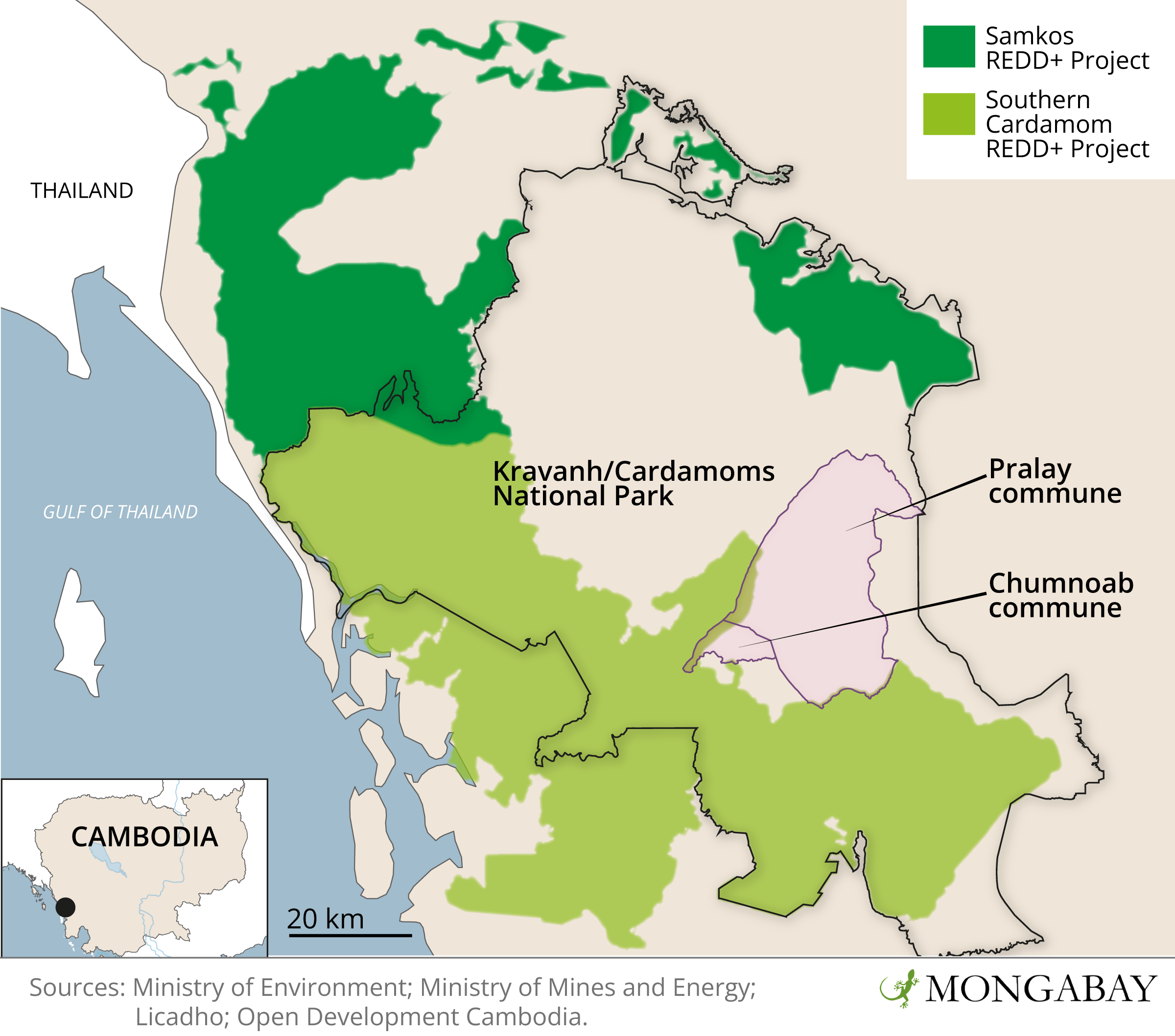 This map shows the scale of Wildlife Alliance's REDD+ projects across the Cardamom Mountains. Image by Andrés Alegría / Mongabay.