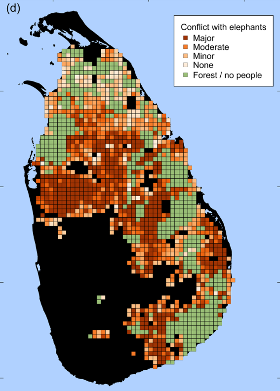 Map showing elephant conflict areas in Sri Lanka.