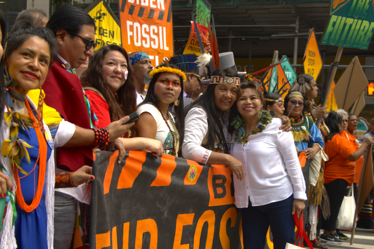 Fany Kuiru (right) with other Indigenous leaders at the March to End Fossil Fuels event in New York City on September 17, 2023. Image courtesy of the Confederation of Indigenous Organizations of the Amazon Basin (COICA).