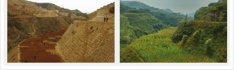 The Ho Family Gully on the China Loess Plateau before [ A late August 1995] and after [ B late August 2009] the "Grain for Green" conservation program. Photo Credits: Liu & Hiller (2016).